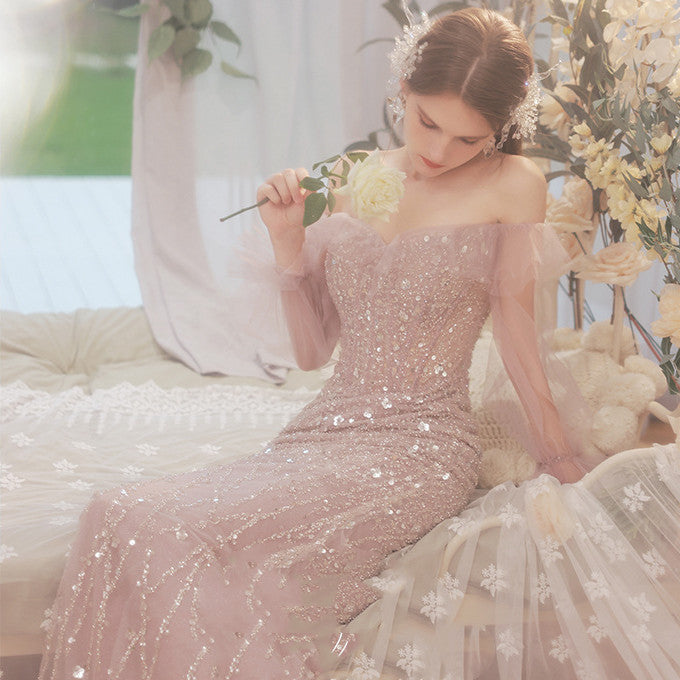 Peach Pink Sleeveless One-Shoulder Wedding Toast Dinner Dress