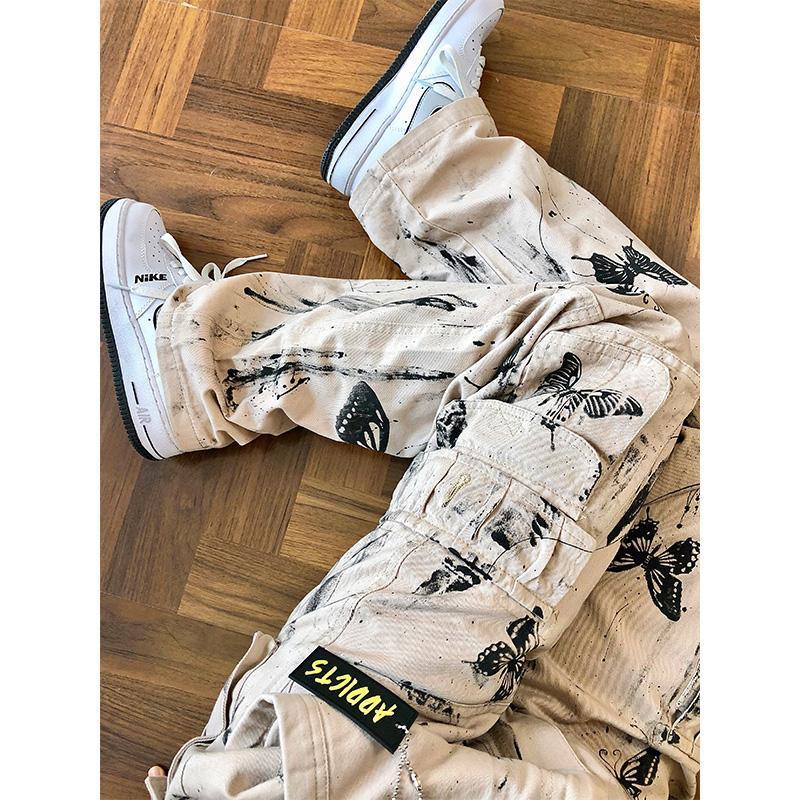Y2K Grey Splattered Ink Tie-Dye Butterfly Tooling Pants for Women S-XL