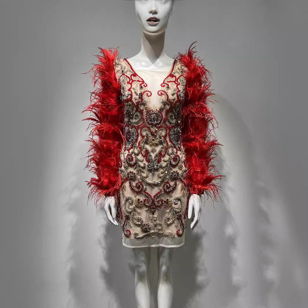 Red Feather Mesh Rhinestone Dress with Long Sleeves for Women