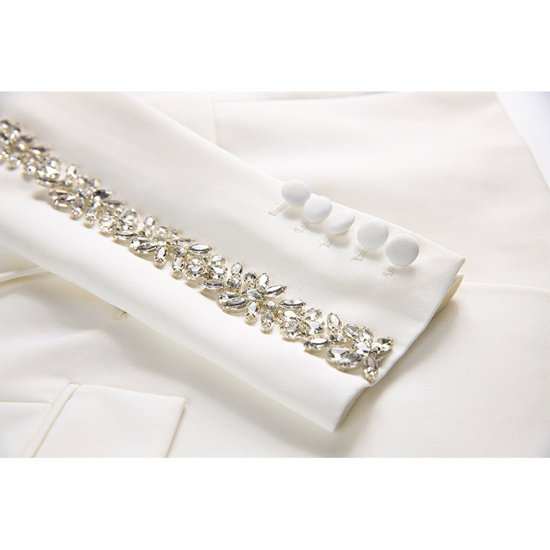 Medium Length Suit Coat with Wide Leg White Polyester Trousers