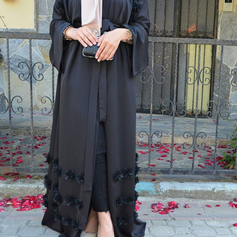 Loose Cardigan Three-dimensional Floral Lace Up Robe for Middle Eastern Women