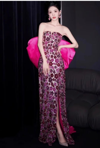 Robe sans manches à sequins et perles rose foncé étoilé Host