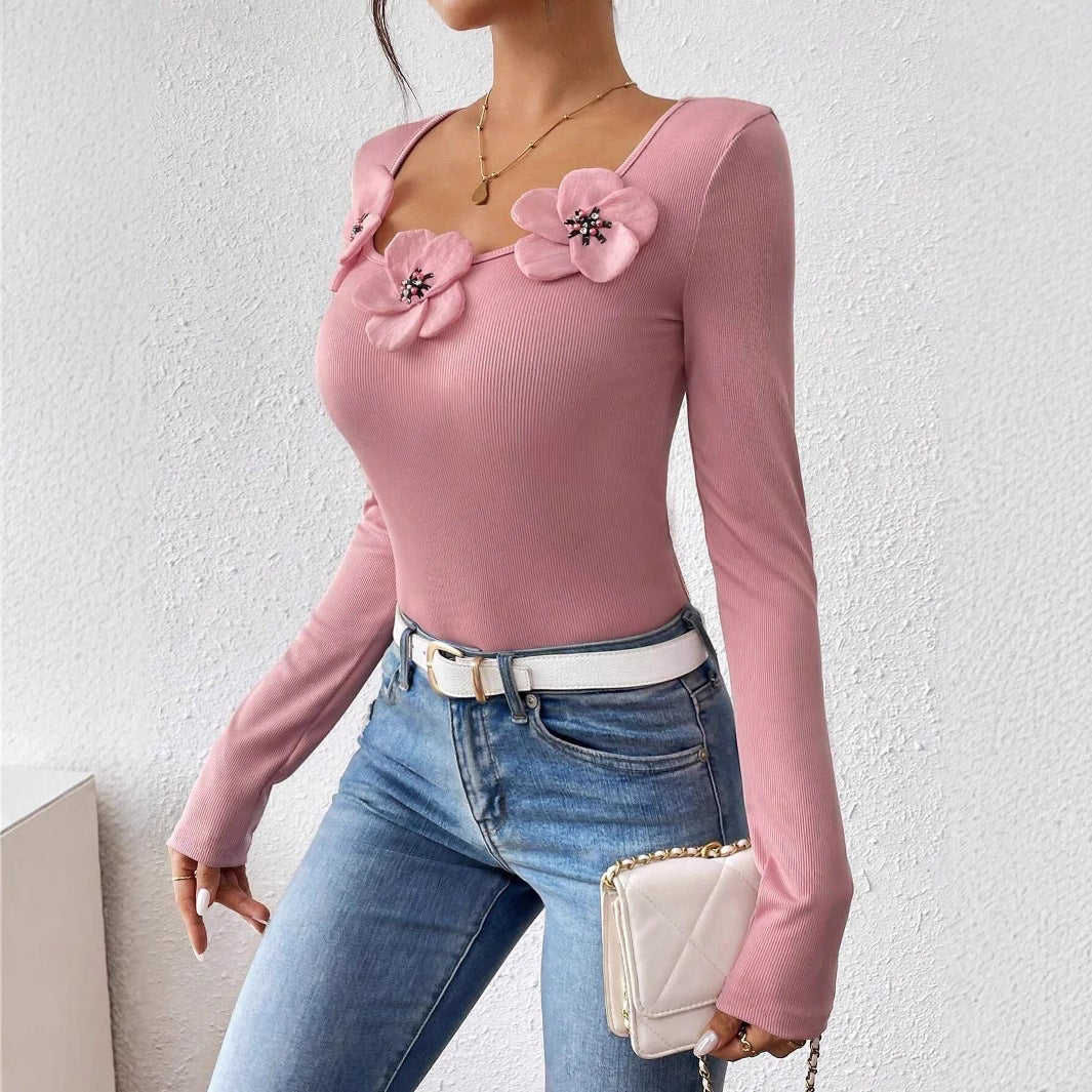 European & American Casual Slim Fit Pink Scoop Neck Knitted Top