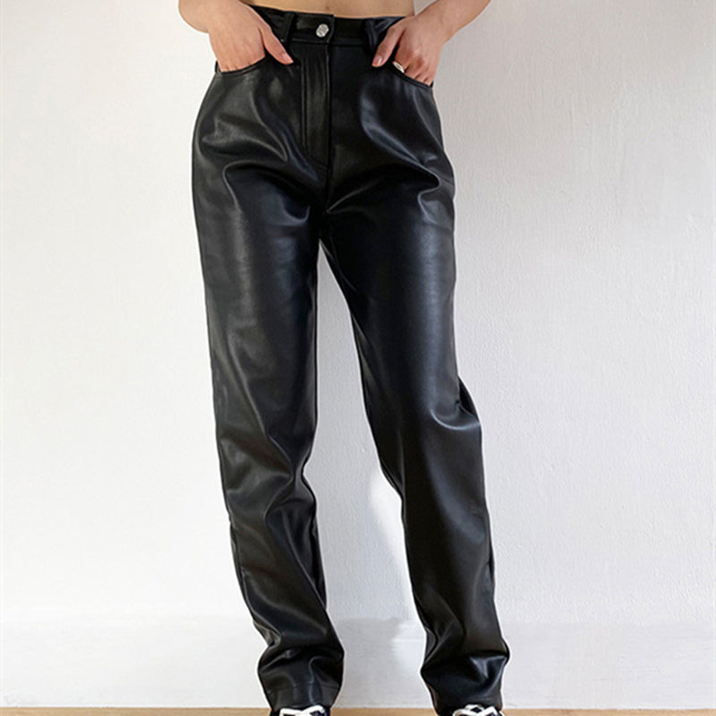 Black High Waist Bag Hip Slim Straight Leg Faux Leather Pants