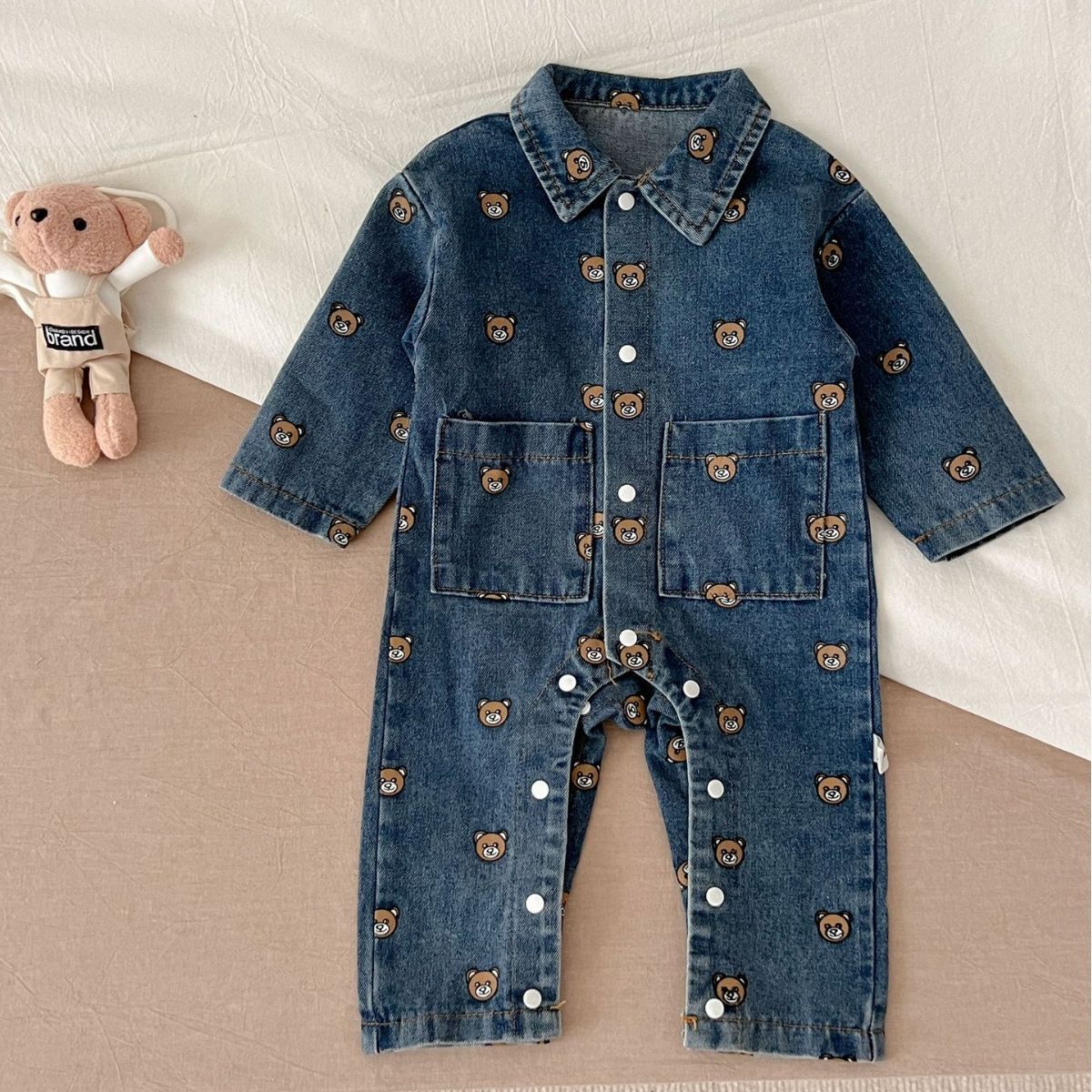 Child Bear Dark Blue Denim Jumpsuit Long Sleeve