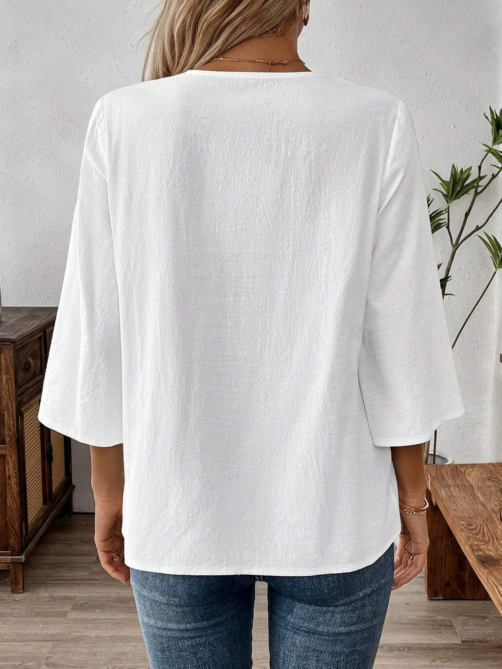 Women's Casual Solid V-Neck Long Sleeve Blouse