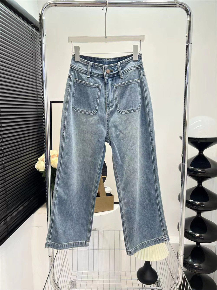 Light Blue High Waist Wide-Leg Jeans for Women Petite Slimming Nine-Point