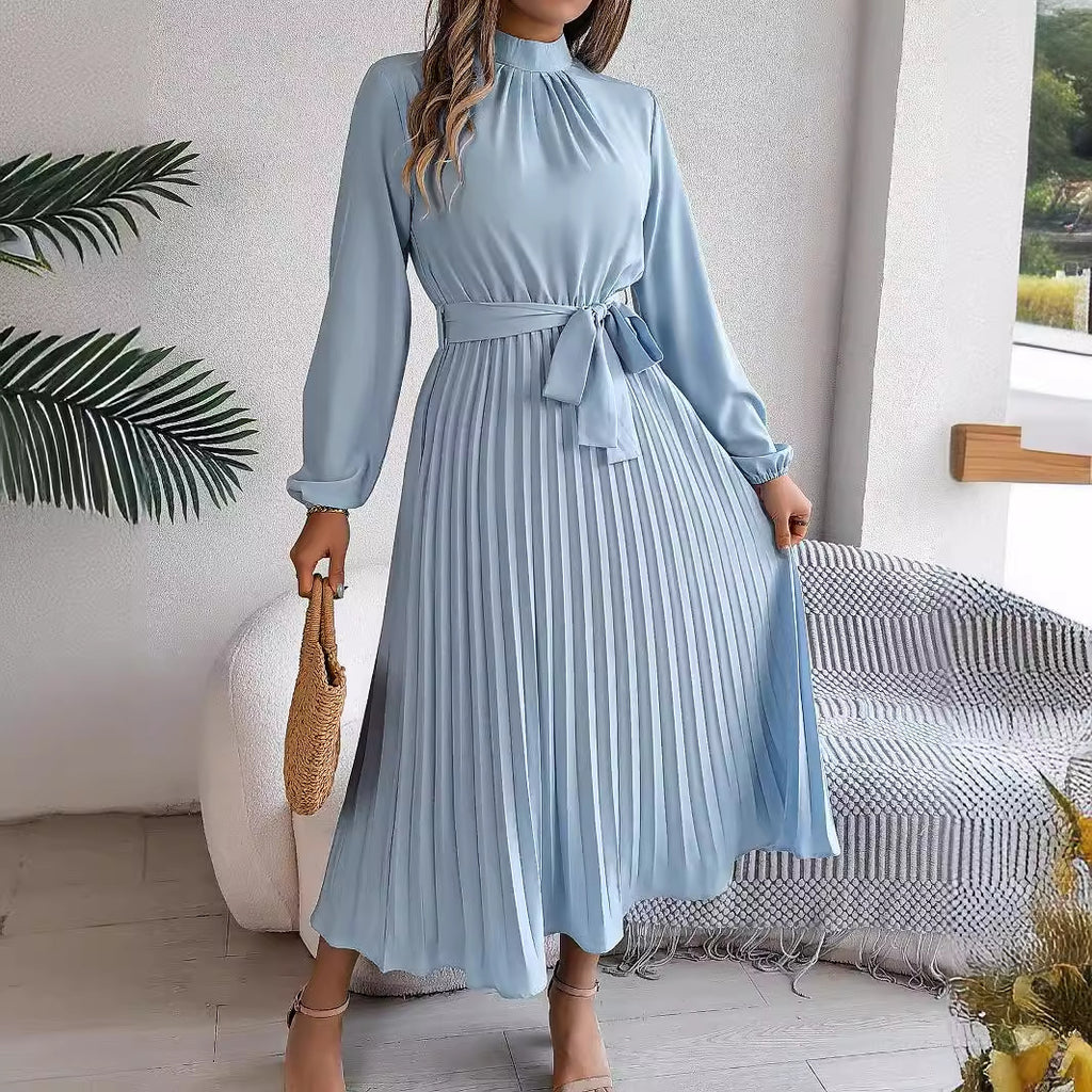 Stand Collar Long Sleeve Cinched Pleated Dress