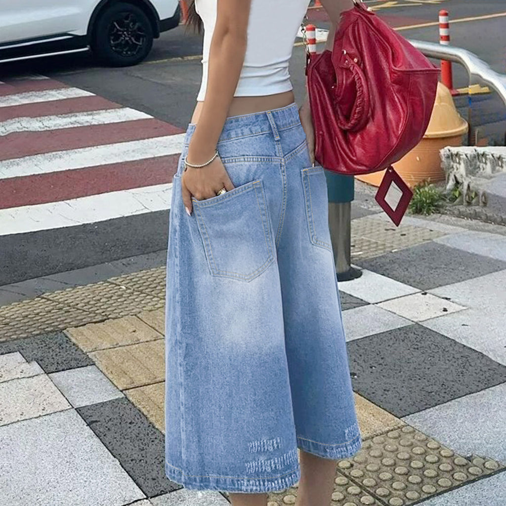 Multi-Breasted Mid-Waist Denim Shorts in Light Blue, Black & Blue