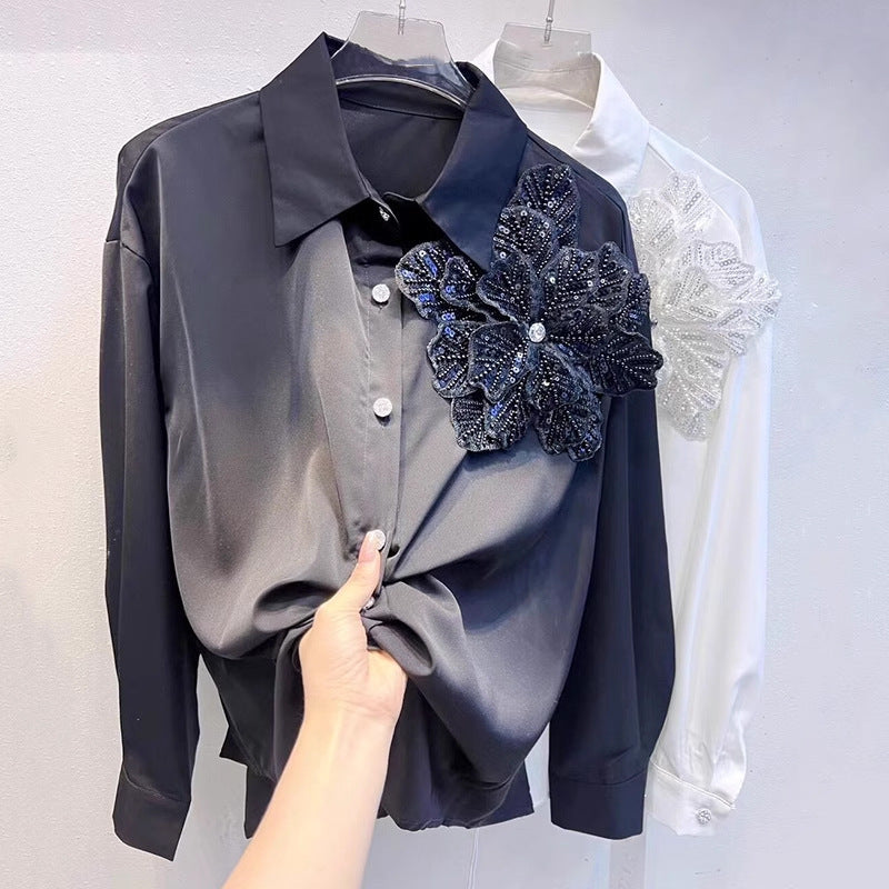 Chemisier à manches longues 3D Fleur Femme Blanc et Noir, Tailles S-L