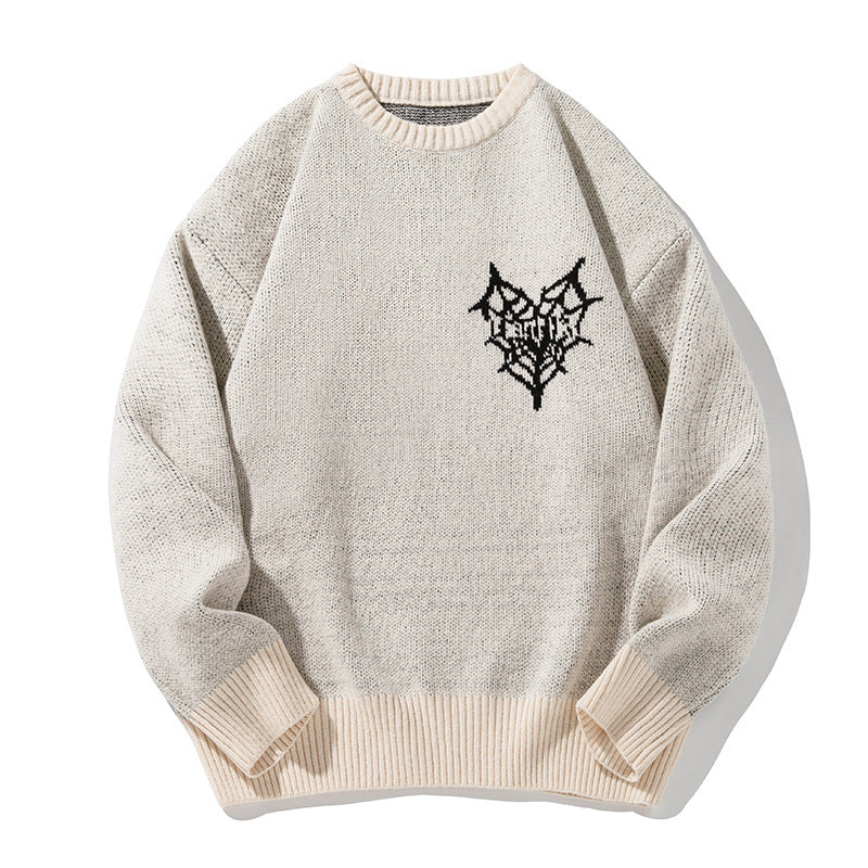 American Retro Hand-Painted Jacquard Round Neck Sweater in White & Black, Sizes M-XXL