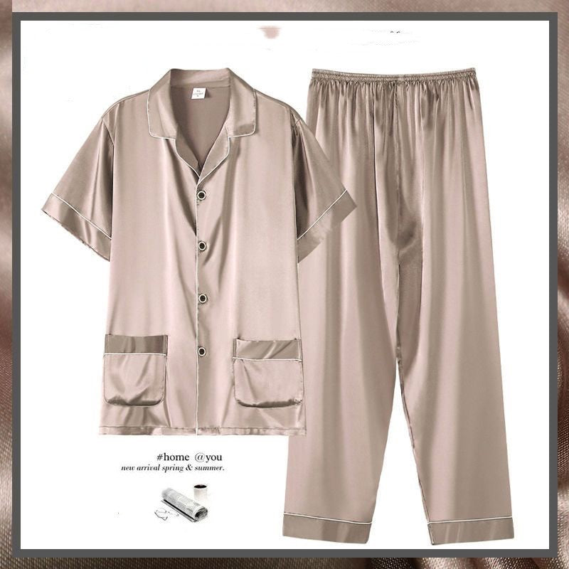 Men's Summer Thin Ice Silk Short Sleeve Homewear Suit with Trousers