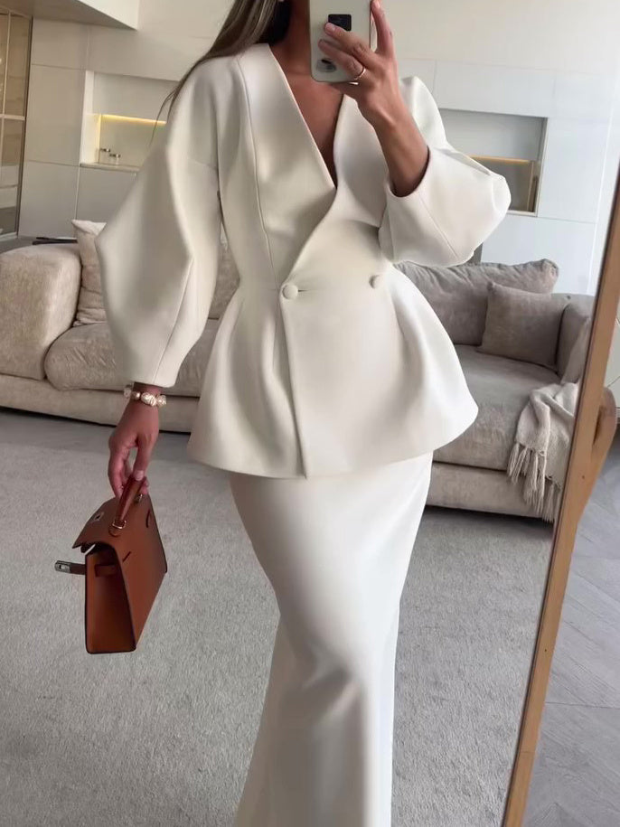 Ensemble jupe longue et manteau à col en V à volants en polyester