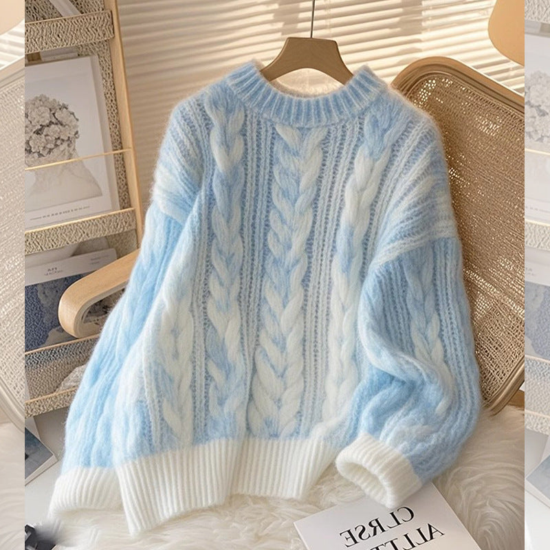Blue Soft Glutinous Cable-Knit Pullover Sweater, Loose Fit, Long Sleeve, Polyester, Blue, S-XL