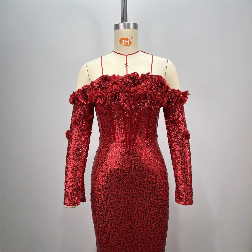 Women's Dark Red Slim-Fit Sequined Skinny Dress
