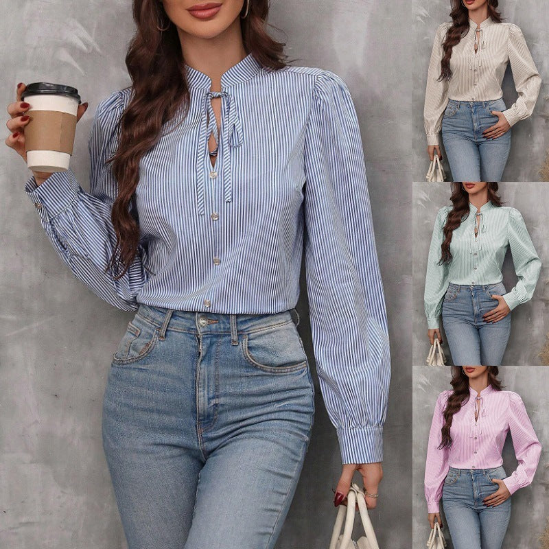 قميص نسائي بأكمام طويلة مخطط برباط ورقبة على شكل V