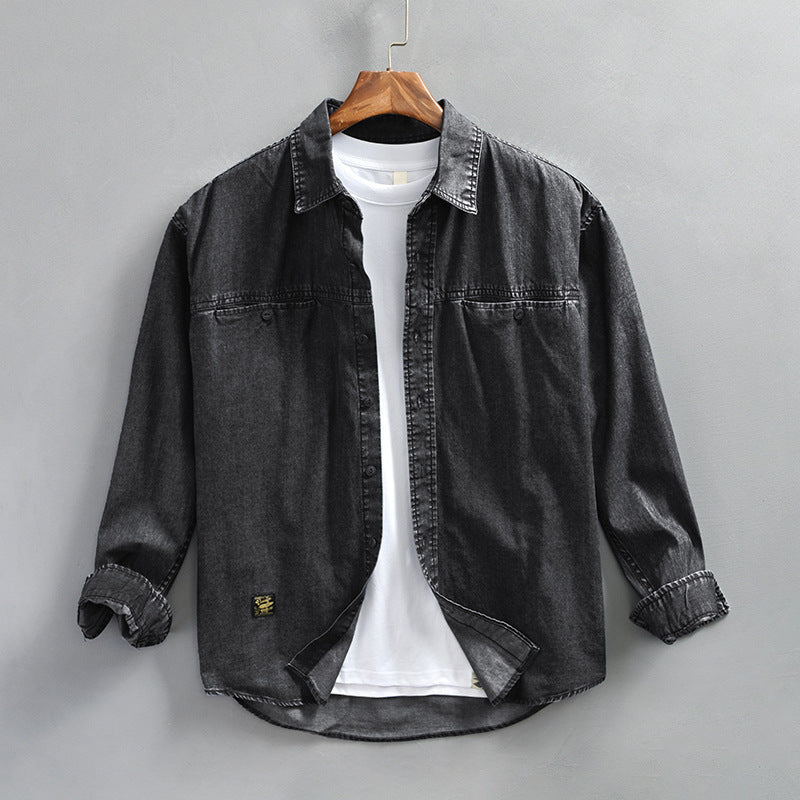 Men's Vintage Wash Denim Shirt - Solid Blue & Black, Cotton, Loose Fit, Sizes M-XXXXL