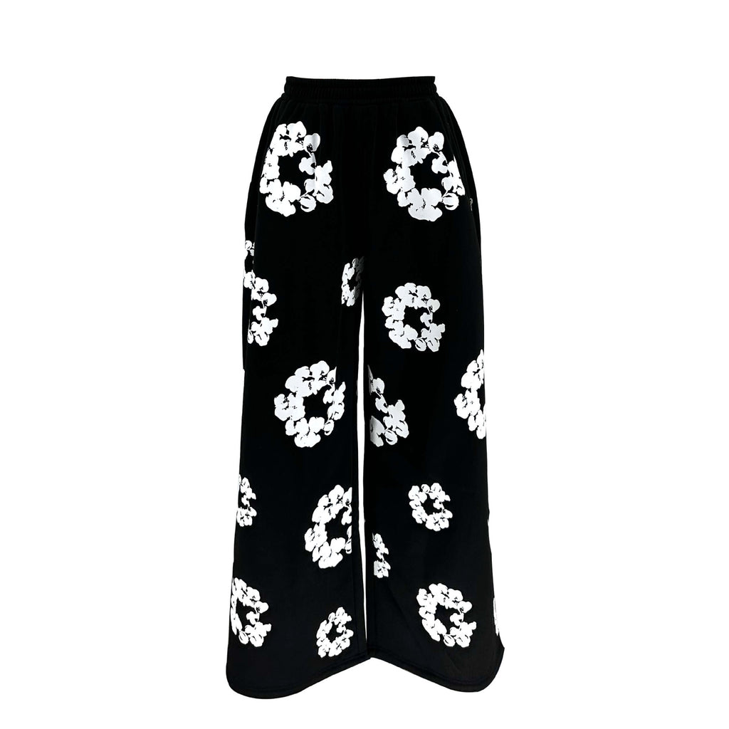Women's Loose Black Casual Sweatpants with Offset Printing