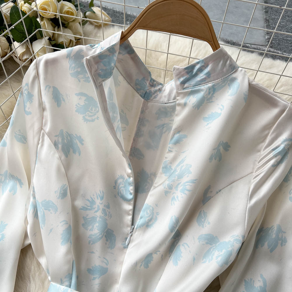 Stand Collar Stitching Floral Chiffon Dress