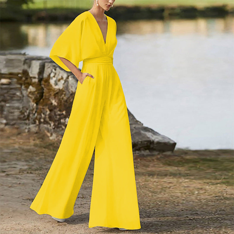 Women's Deep V High Waist Wide Leg Jumpsuit