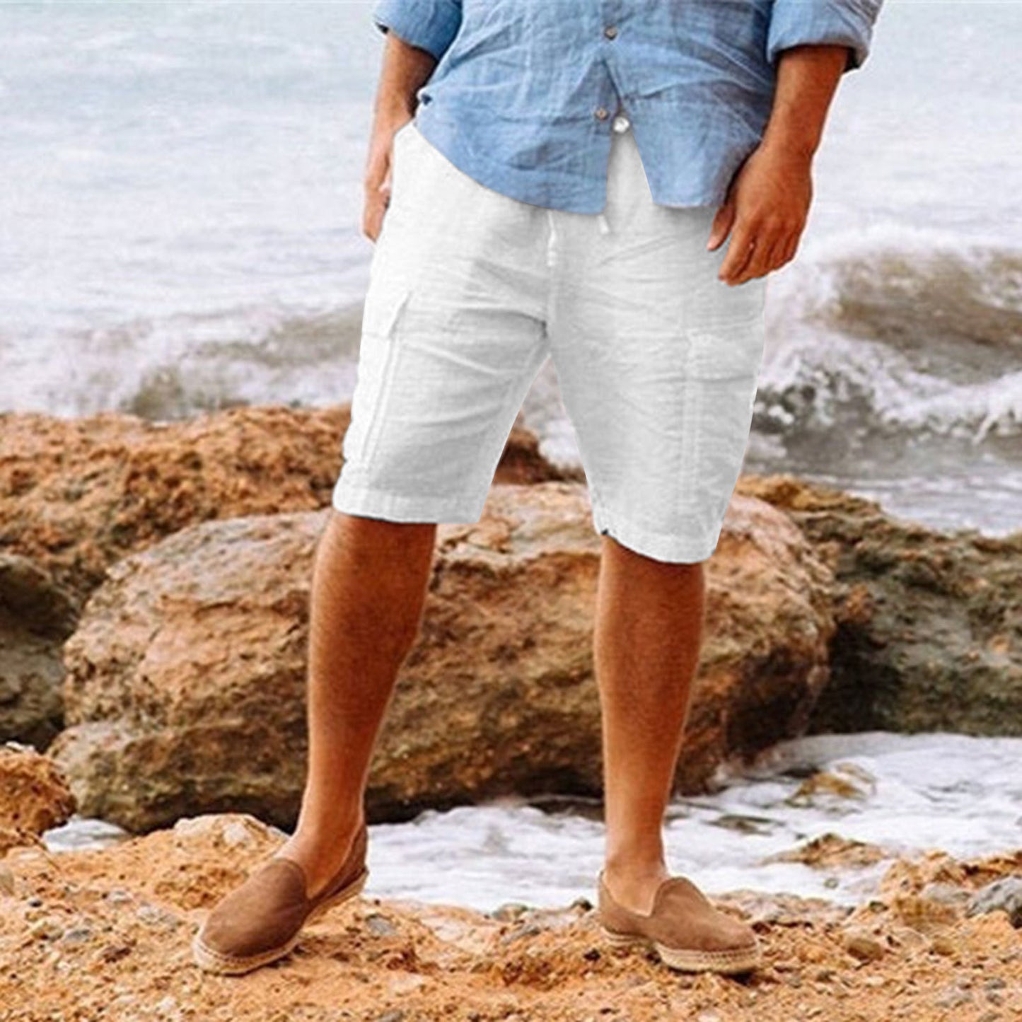 Men's Casual Cotton Linen Multi-pocket Workwear Shorts