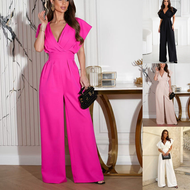 V-Neck Solid Color Waist-Tight Jumpsuit