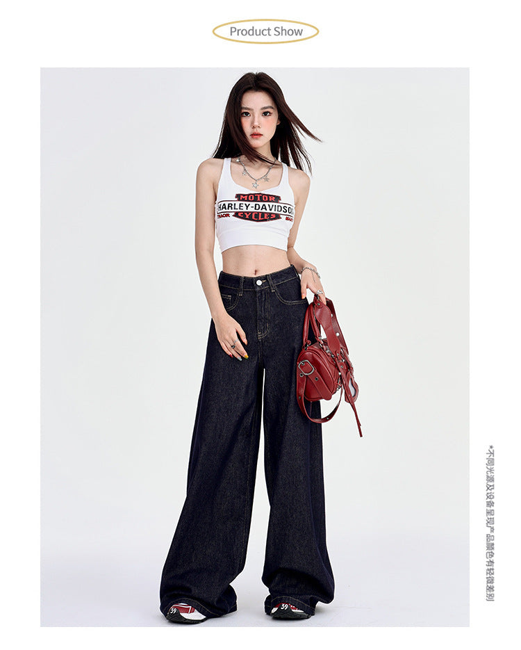 Spring Draped High Waist Wide Leg Denim Jeans for Women