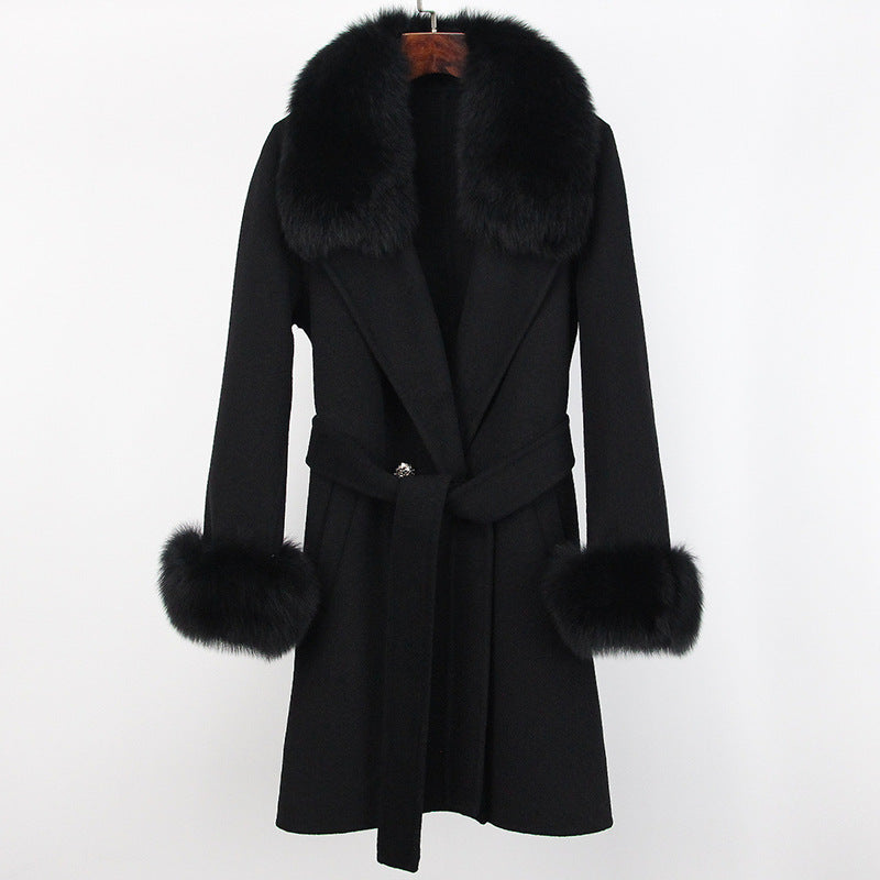 Double-Faced Wool Overcoat Long Slim Fit with Fox Fur Collar