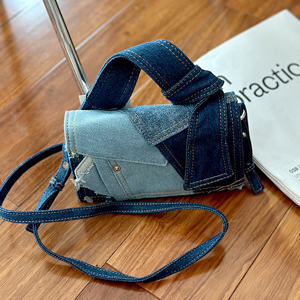 Canvas Denim Stitching Crossbody Bag for Women 19x7x11cm