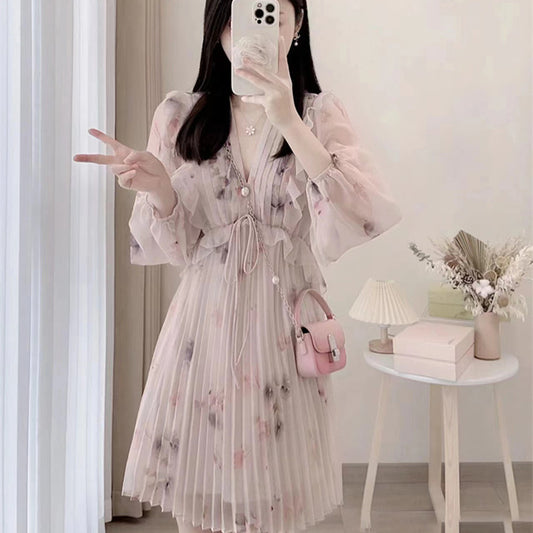 Pink French Chiffon Floral Dress For Women