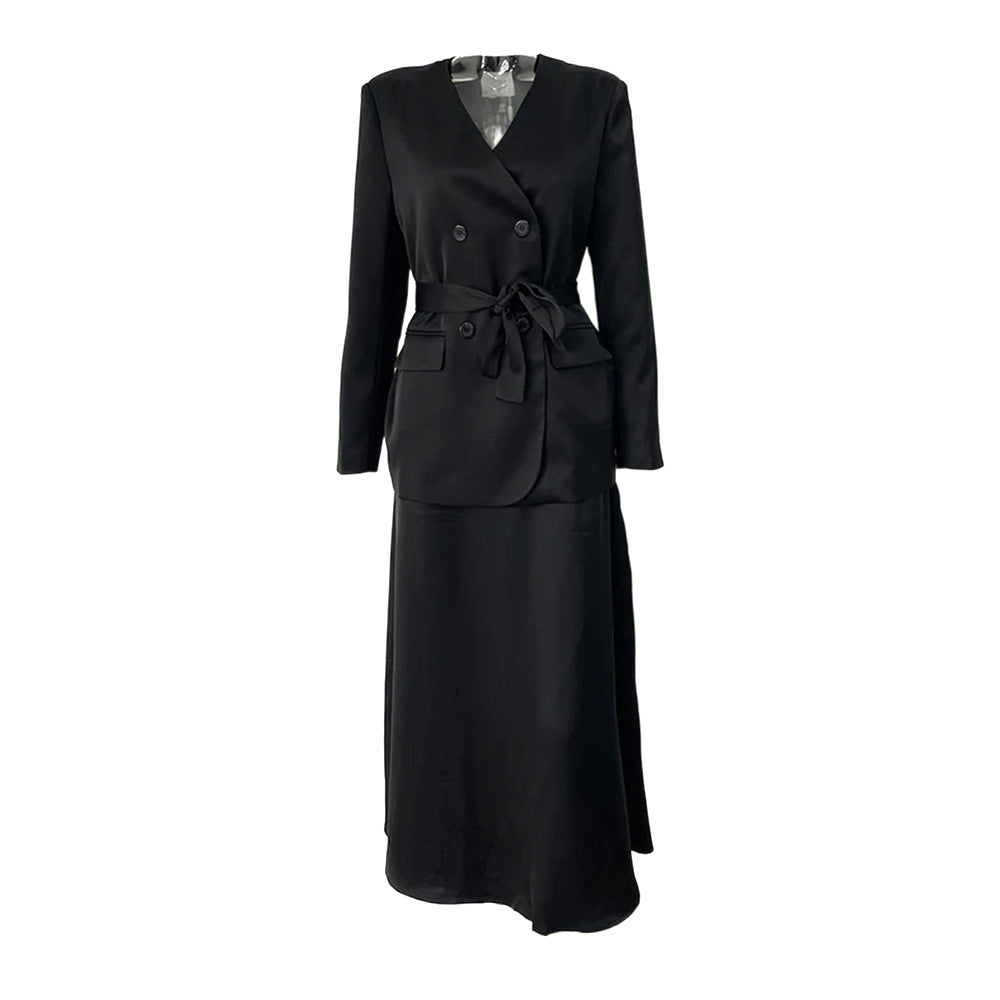 Double Breasted Women's Suit Jacket and Skirt Set in Solid Colors