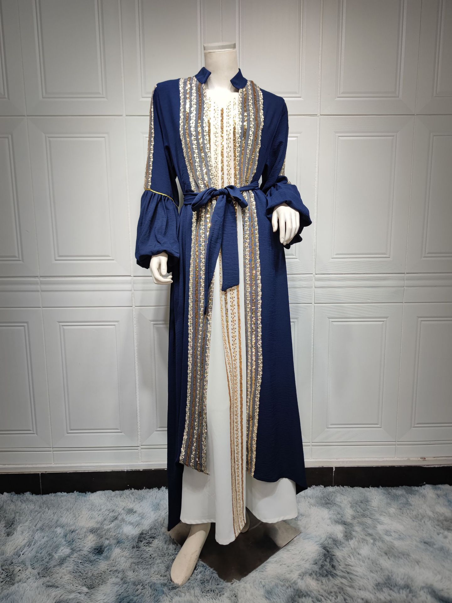 Sequin Embroidered Two-Piece Puff Sleeve Arabian Gulf Dress in Ice Silk