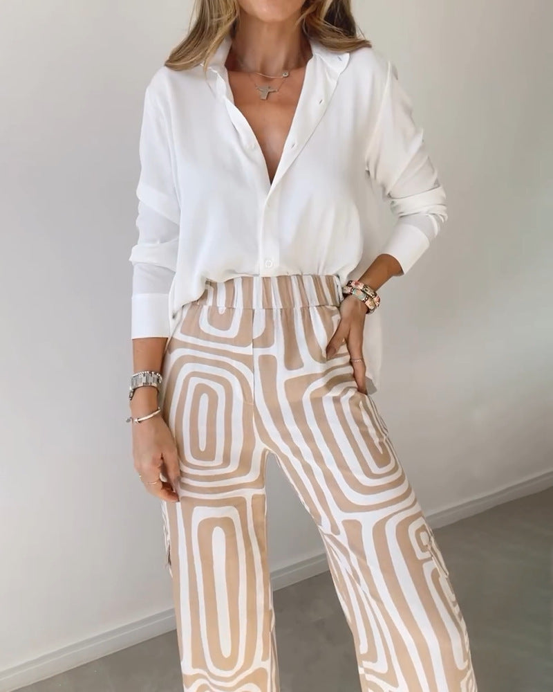 Ensemble chemise décontractée à manches longues et revers pour femme et pantalon ample imprimé