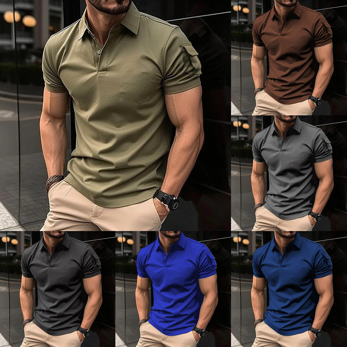 Men's Lapel Button Arm Short Sleeve Pocket Sweatshirt