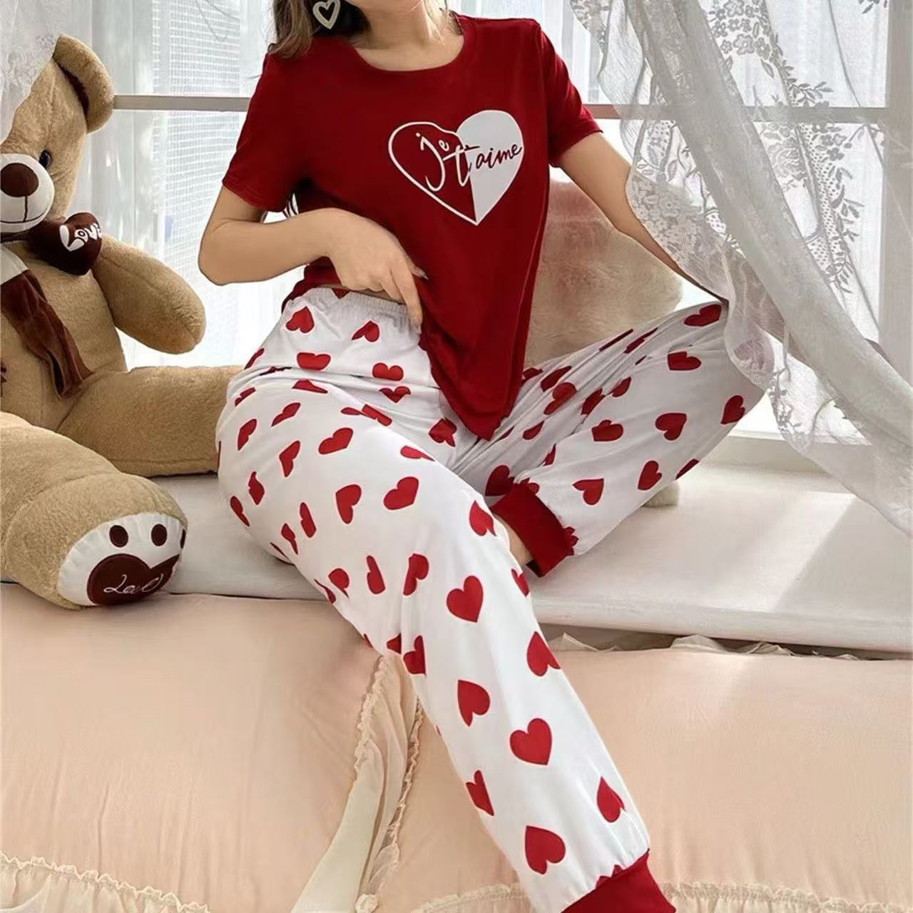 طقم بيجامة كاجوال مريح مع بنطال طويل باللونين الأحمر والأخضر، مقاسات S-XL