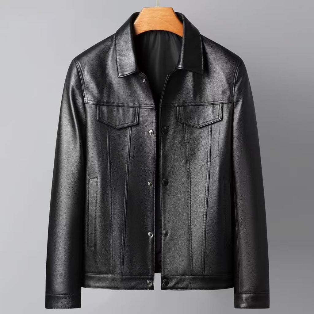 Men's Cowhide Leather Polo Collar Jacket Spring Autumn