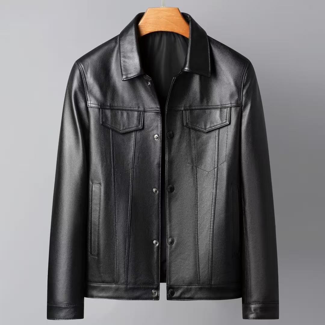 Men's Cowhide Leather Polo Collar Jacket Spring Autumn
