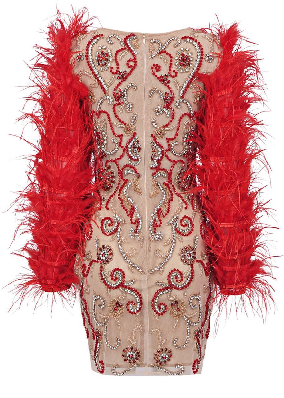 Red Feather Mesh Rhinestone Dress with Long Sleeves for Women