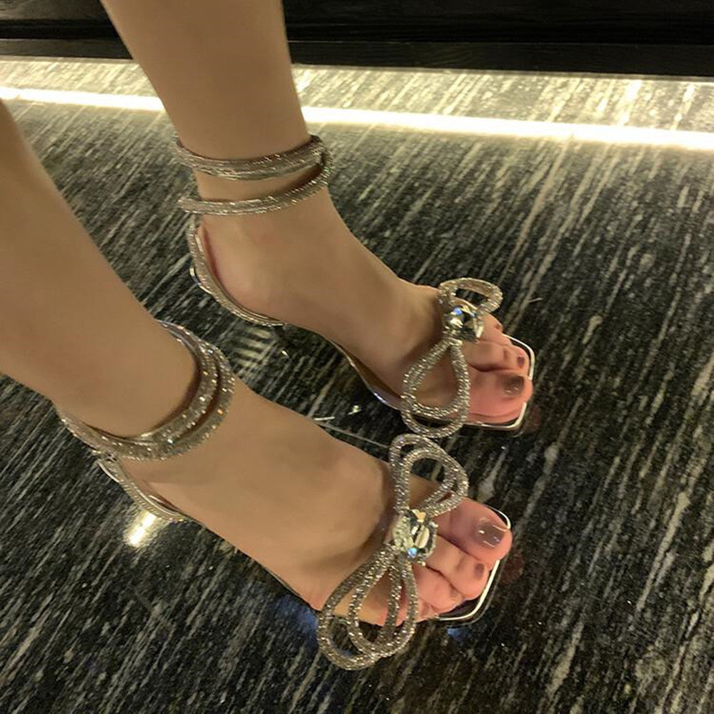 Silver Ankle Strap Stiletto Open Toe Rhinestone Bow Heels 8.5cm