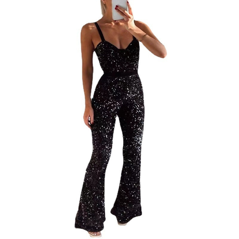 Combinaison flare femme noire à sequins et bretelles avec coutures aux hanches en polyester
