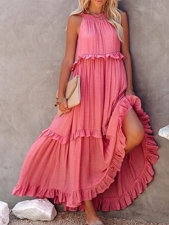 Robe longue d'été à volants, dos nu, col halter, pour femmes