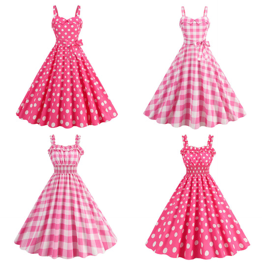 Women's Fashion Casual Sling Party Polka Dot Plaid Printed Dress