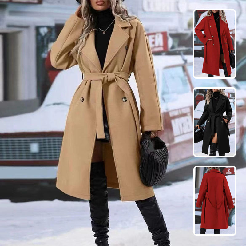 Manteau Trench long femme double boutonnage à revers et ceinture pour l'hiver