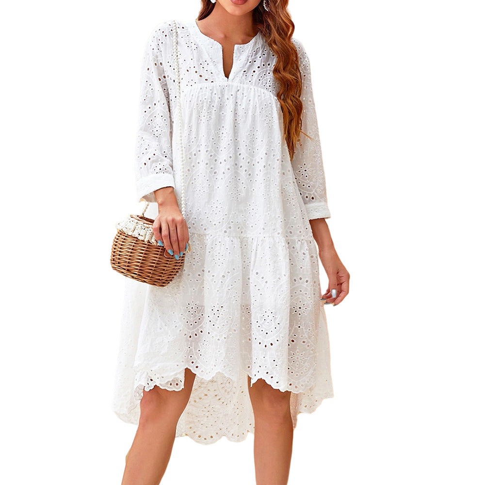 Summer White 3/4 Sleeve Lotus Leaf Print Dress