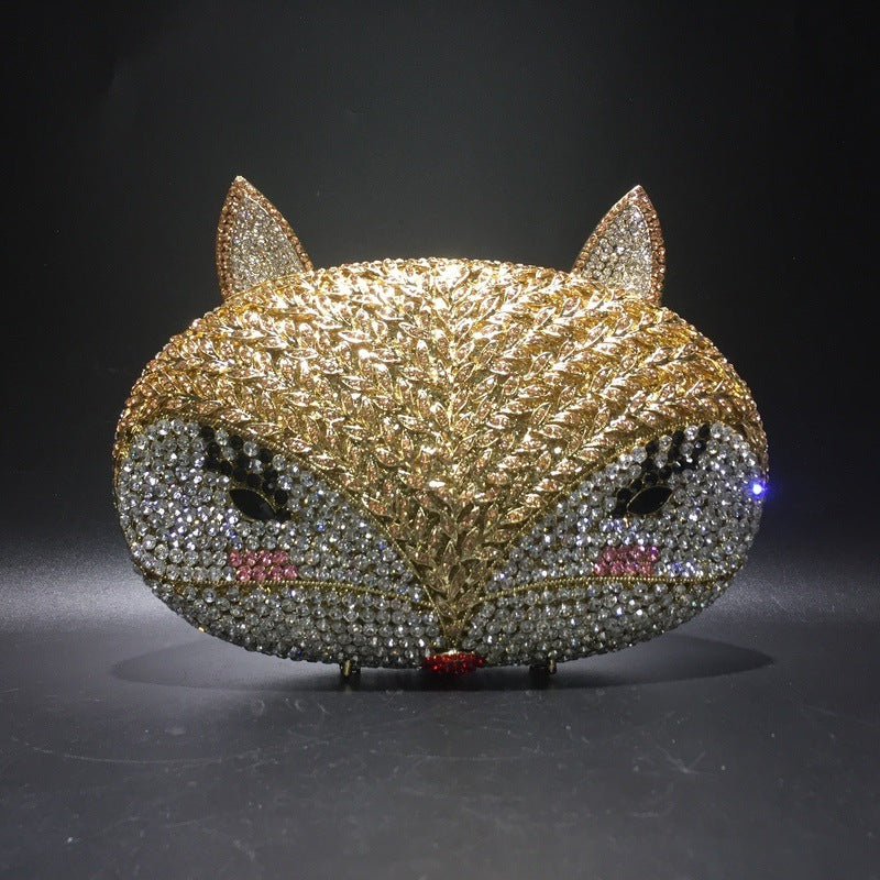 Gold Fox Rhinestone Hollow Metal Crystal Dinner Bag 21cm