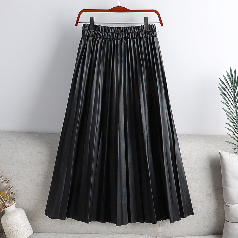 High Waist Mid-Length PU Leather Pleated Skirt for Women Solid Color