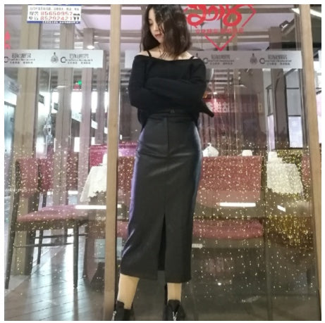 PU Leather High Waist Mid-Length Slimming Skirt with Buttons & Zippers
