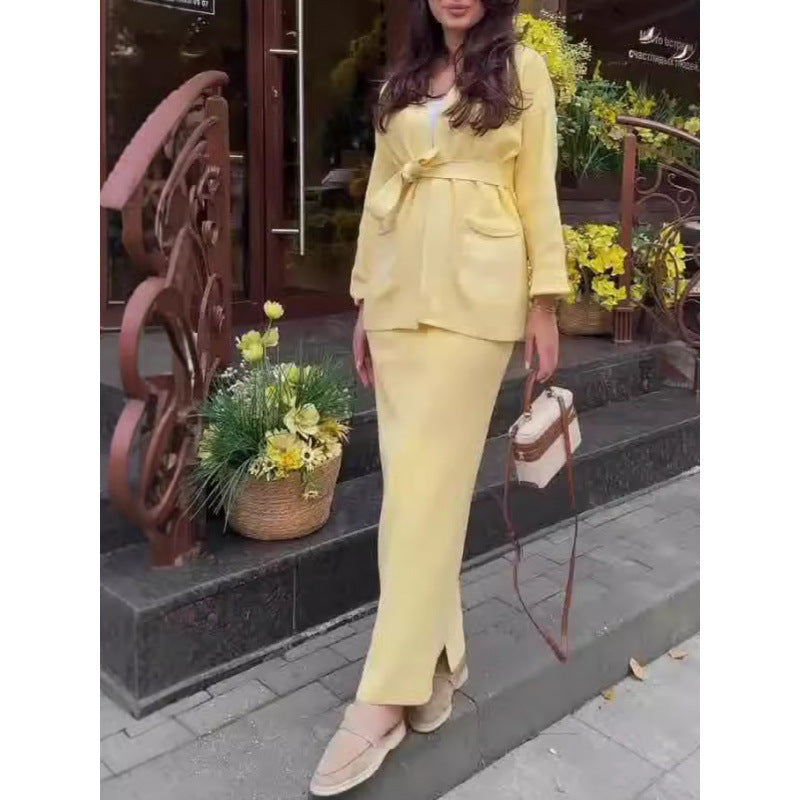 Thermal Knitted Lace-Up Cardigan & Long Skirt Two-Piece Sweater Set