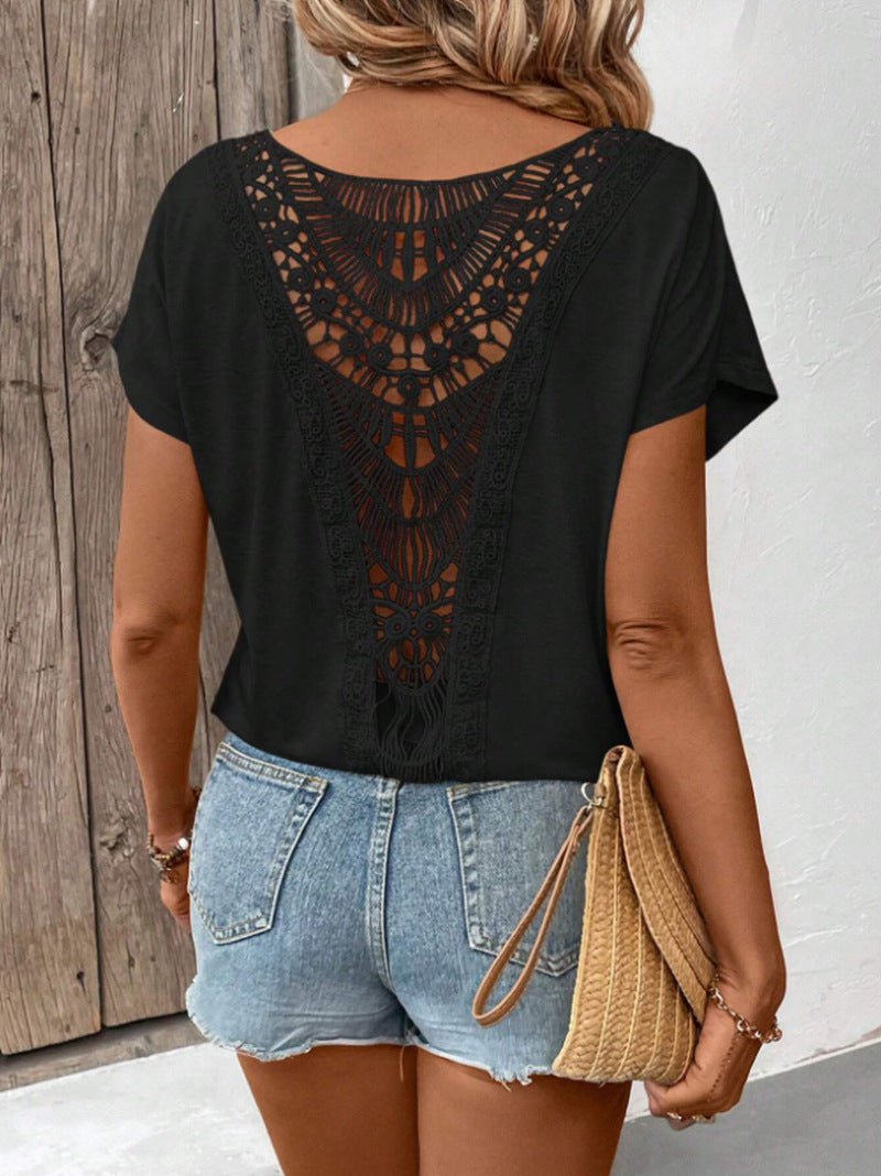 Lace Patchwork Short Sleeve T-Shirt for Women