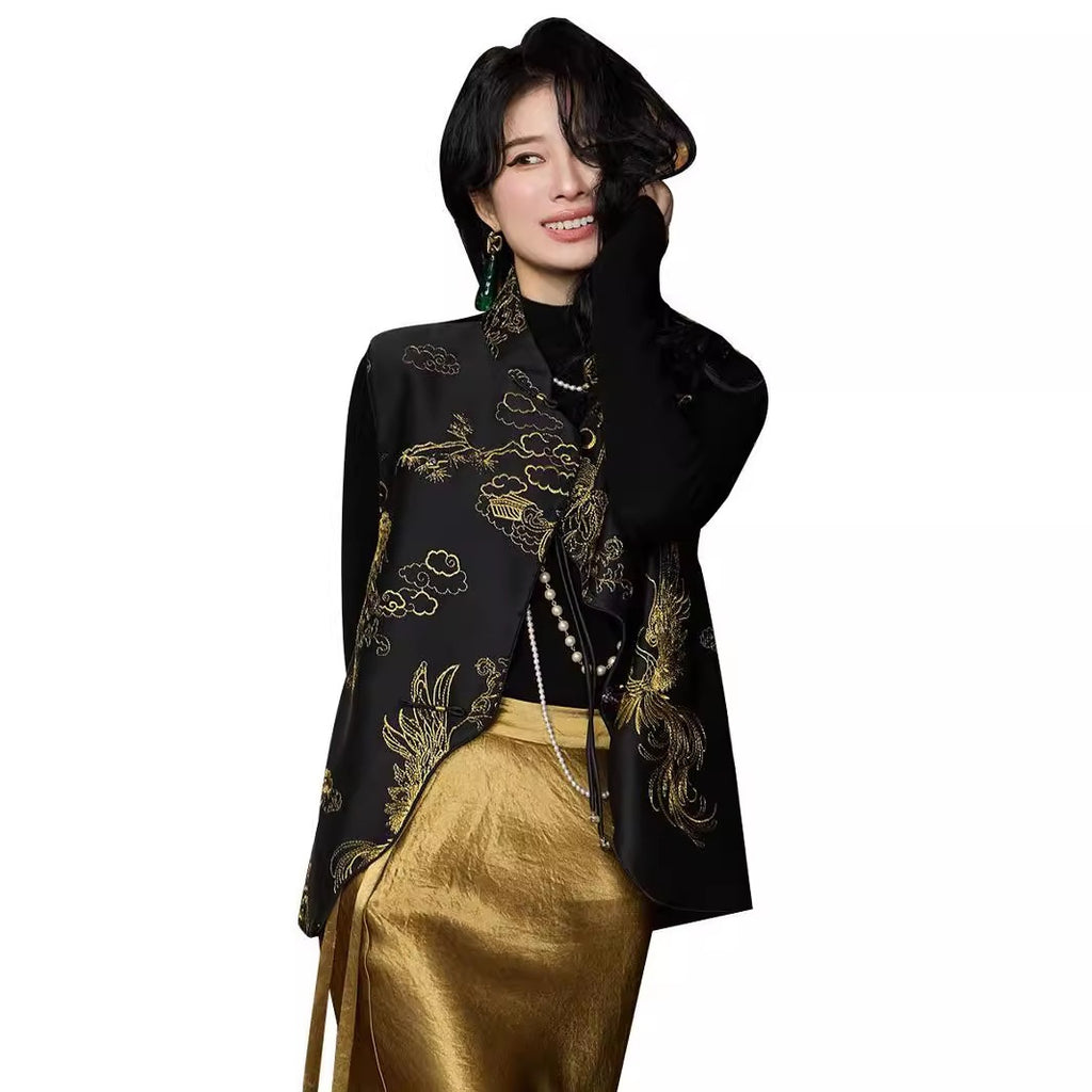 Autumn Retro Tang Suit Vest for Women in Black, Sizes M-XL